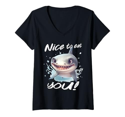 Damen Hai, Nice to eat You, Meerestier, T-Shirt mit V-Ausschnitt von Meer Lifestyle