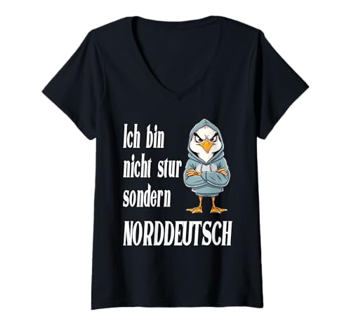 Damen Ich Bin Nicht stur sondern norddeutsch Möwe T-Shirt mit V-Ausschnitt von Meer Lifestyle