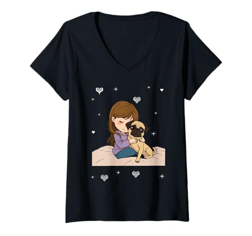 Damen Mädchen mit Mops, Hund T-Shirt mit V-Ausschnitt von Meer Lifestyle