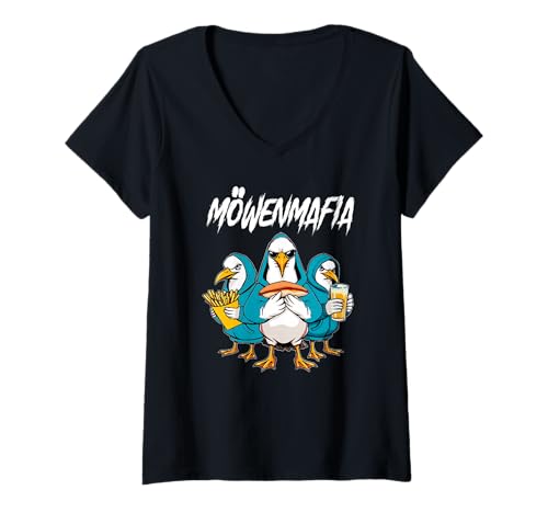 Damen Möwenmafia, Fischbrötchendieb, Möwe, Küste T-Shirt mit V-Ausschnitt von Meer Lifestyle
