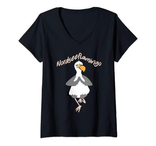 Damen Nordseeflamingo, Nordsee, Möwe, Flamingo T-Shirt mit V-Ausschnitt von Meer Lifestyle