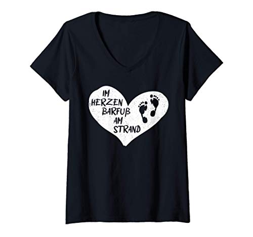 Damen Meer Im Herzen Barfuß Am Strand Urlaub Moin Leuchtturm Küste T-Shirt mit V-Ausschnitt von Meer Ostsee Nordsee Strand Urlaub Geschenkidee