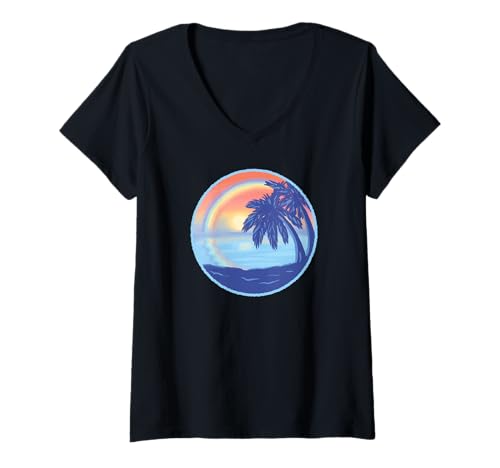 Damen Sonnenuntergang Regenbogen Palmen Strand Meer T-Shirt mit V-Ausschnitt Damen Sonnenuntergang Regenbogen Palmen Strand Meer T-Shirt mit V-Ausschnitt von Meer Palmen Sonnenuntergang Regenbogen