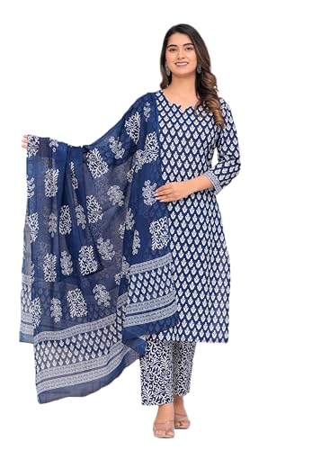 MEERA FAB Damen Baumwolle Bedruckt Gerade Kurta mit Palazzo & Dupatta Set, Blau, 3XL MEERA FAB Damen Baumwolle Bedruckt Gerade Kurta mit Palazzo & Dupatta Set, Blau, 3XL von Meera Fab