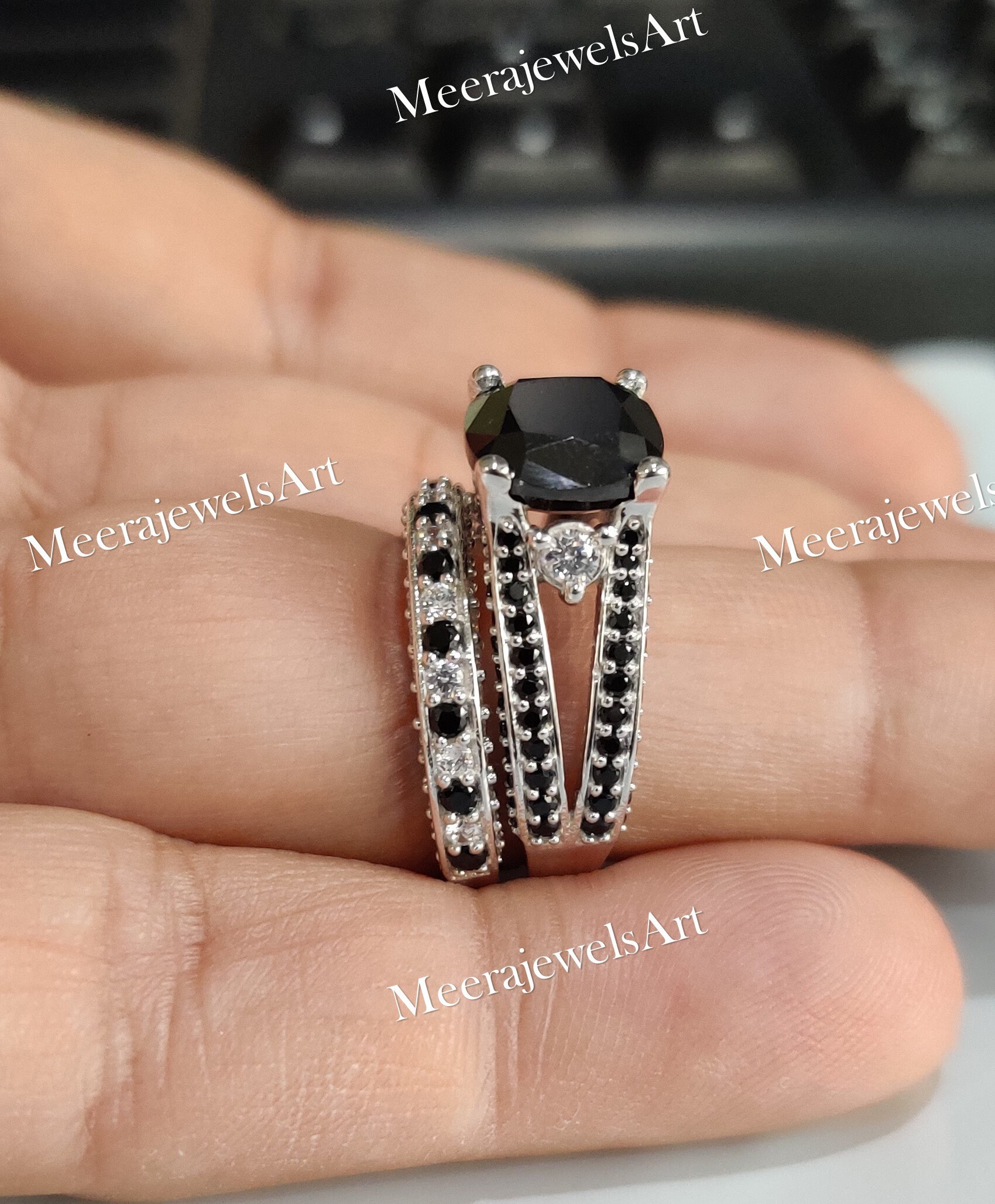 1.80Ct Moissanit Rundschliff Diamant Brautring Set/Verschiedene Stile Black & White Verlobungsring Ehering in 925 Silber von MeerajewelsArt