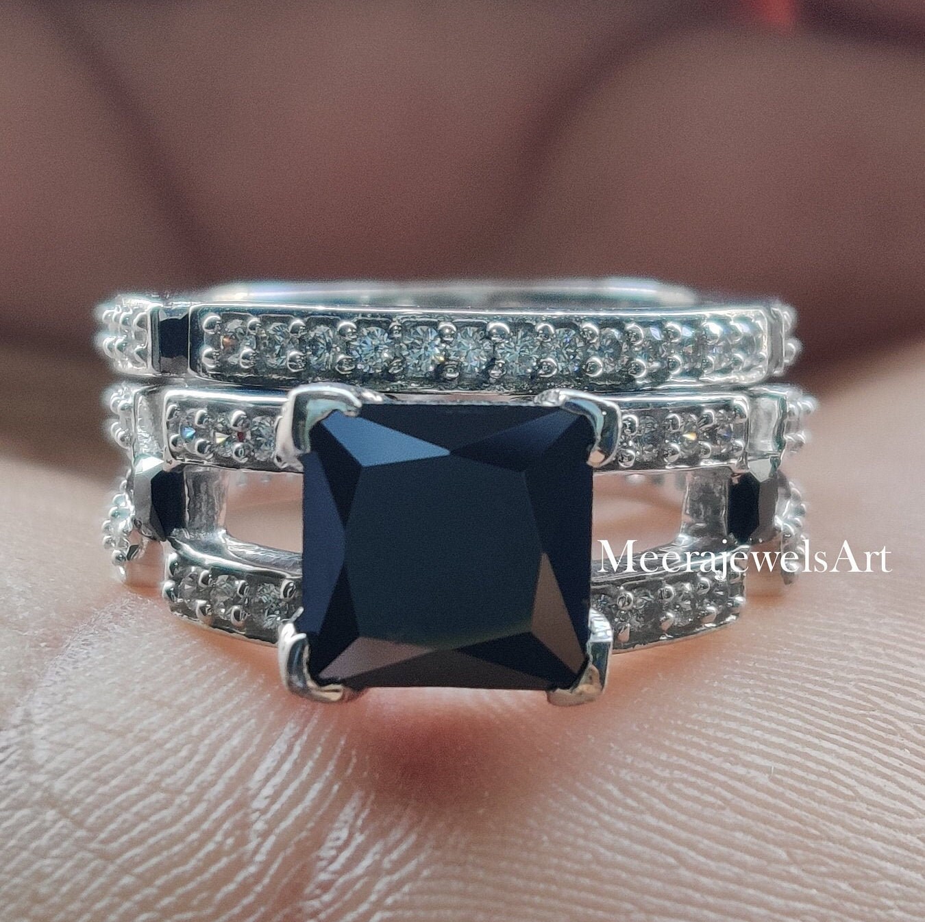 Braut Geschenk Ring Sets/2.05 Ct Princess Cut Schwarz Moissanit Set Diamant Ehering Verlobungsring 925 Silber von MeerajewelsArt