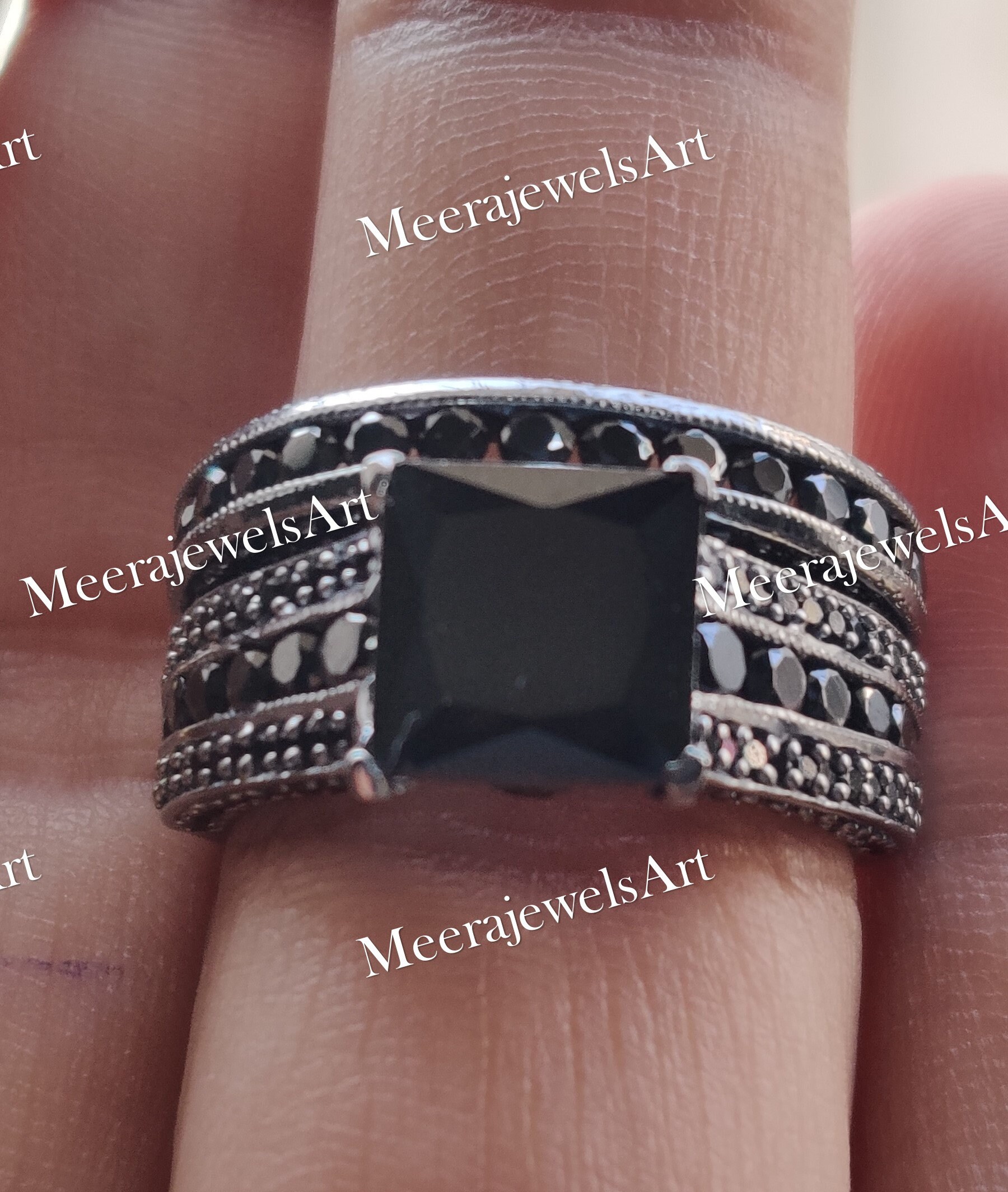 Braut Ring Set - Einzigartige Ehering 3.20 Black Lab Moissanite Princess Cut Verlobungsring Massiv 925 Sterling Silber von MeerajewelsArt