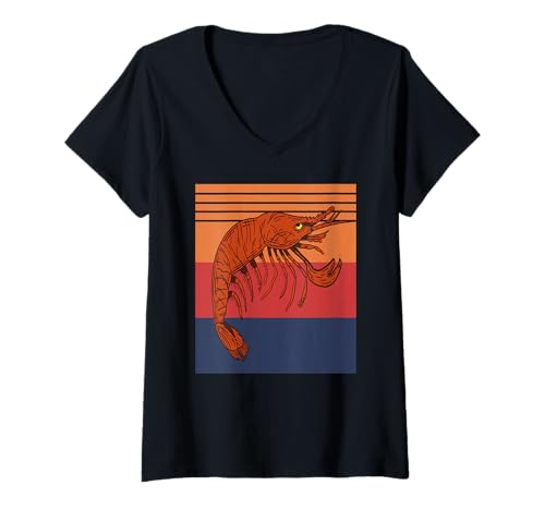 Damen Retro Garnelenstil Lustiger Meeresfrüchte-Humor T-Shirt mit V-Ausschnitt von Meeresliebhaber Mit Vintagegeschmack