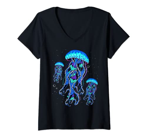 Damen Meeresqualle Qualle Medusa Ohrenqualle Nesseltier Meerestier T-Shirt mit V-Ausschnitt Damen Meeresqualle Qualle Medusa Ohrenqualle Nesseltier Meerestier T-Shirt mit V-Ausschnitt von Meeresquallen Qualle Ohrenqualle Nesseltier Design
