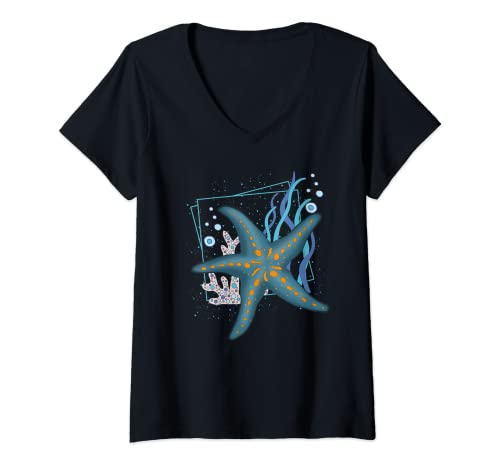 Damen Aquarium Ozean Tier Unterwasserwelt Meerestier Seestern T-Shirt mit V-Ausschnitt Damen Aquarium Ozean Tier Unterwasserwelt Meerestier Seestern T-Shirt mit V-Ausschnitt von Meerestier Aquarium Seestern Geschenk
