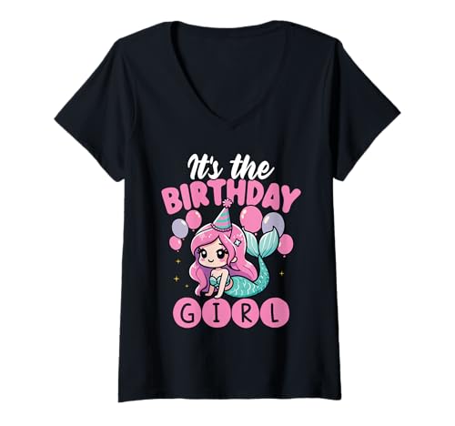 Damen Es Ist Das Geburtstags Mädchen Süßes Meerjungfrau T-Shirt mit V-Ausschnitt Damen Es Ist Das Geburtstags Mädchen Süßes Meerjungfrau T-Shirt mit V-Ausschnitt von Meerjungfrau Geburtstag Design Mädchen und Kinder