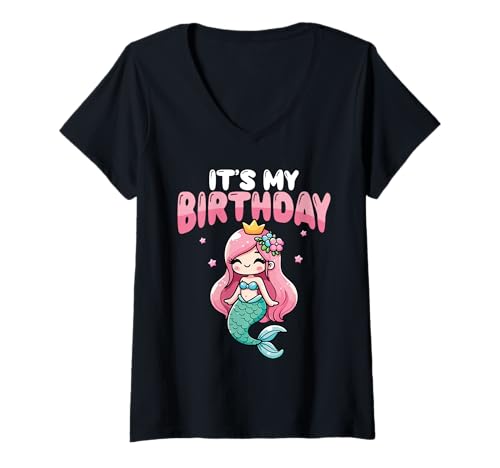 Damen Es Ist Mein Geburtstag Meerjungfrau Prinzessin T-Shirt mit V-Ausschnitt Damen Es Ist Mein Geburtstag Meerjungfrau Prinzessin T-Shirt mit V-Ausschnitt von Meerjungfrau Geburtstag Design Mädchen und Kinder