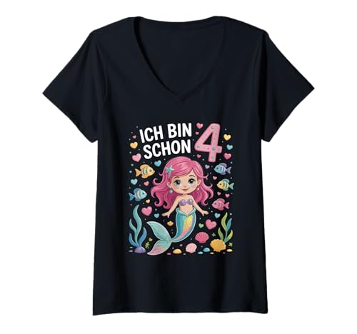 Damen Ich Bin Schon 4 Meerjungfrau Kindergeburtstag T-Shirt mit V-Ausschnitt von Meerjungfrau Kinder Geburtstag Ich Bin Schon 4