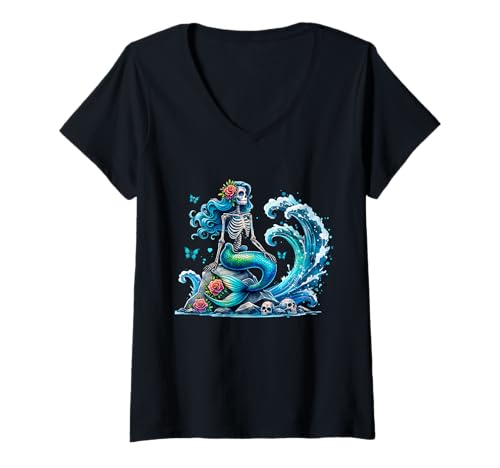 Damen Meerjungfrau Schädel Ocean Wave Skelett Sirene T-Shirt mit V-Ausschnitt Damen Meerjungfrau Schädel Ocean Wave Skelett Sirene T-Shirt mit V-Ausschnitt von Meerjungfrau Skull Sirene Skelett