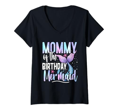 Damen Meerjungfrau Meerjungfrauen Mommy of The Birthday Mermaid T-Shirt mit V-Ausschnitt von Meerjungfrauen Meerjungfrau