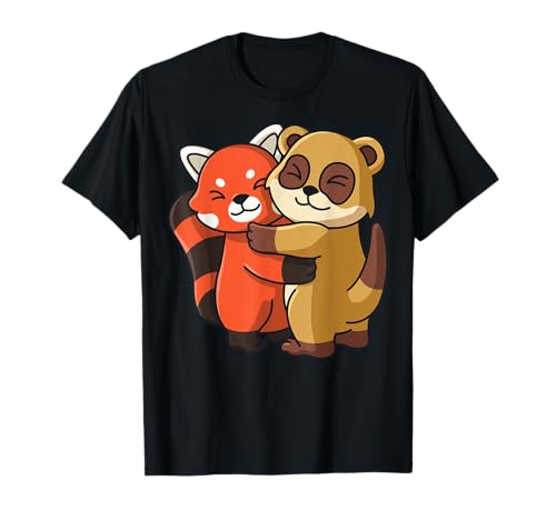 Roter Panda und Erdmännchen, niedlicher Tierliebhaber, umarmend, für Damen und Mädchen T-Shirt von Meerkat and Red Panda Hug Kids Sisters Animals