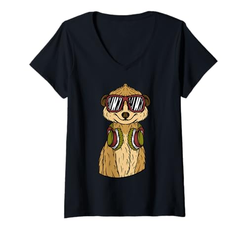 Damen Erdmännchen Sonnenbrille Erdmännchen Tiere Lustig Tier T-Shirt mit V-Ausschnitt Damen Erdmännchen Sonnenbrille Erdmännchen Tiere Lustig Tier T-Shirt mit V-Ausschnitt von Meerkat sunglasses