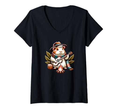 Damen Meerschweinchen Gitarre Am Lagerfeuer Camping Abenteuer T-Shirt mit V-Ausschnitt Damen Meerschweinchen Gitarre Am Lagerfeuer Camping Abenteuer T-Shirt mit V-Ausschnitt von Meerschweinchen Camping Lagerfeuer Gitarre