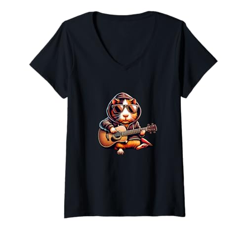 Damen Meerschweinchen Mit Gitarre Hoodie Sonnenbrille Rock T-Shirt mit V-Ausschnitt Damen Meerschweinchen Mit Gitarre Hoodie Sonnenbrille Rock T-Shirt mit V-Ausschnitt von Meerschweinchen Gitarre Hoodie Sonnenbrille Rock