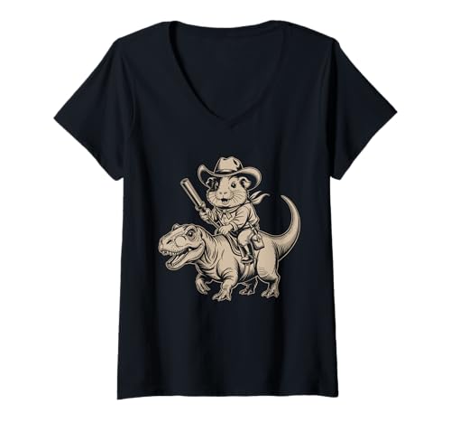 Damen Meerschweinchen Cowboy Dinosaurier Retro Vintage Accessoires T-Shirt mit V-Ausschnitt Damen Meerschweinchen Cowboy Dinosaurier Retro Vintage Accessoires T-Shirt mit V-Ausschnitt von Meerschweinchen Käfig Design Jungen Mädchen Kinder