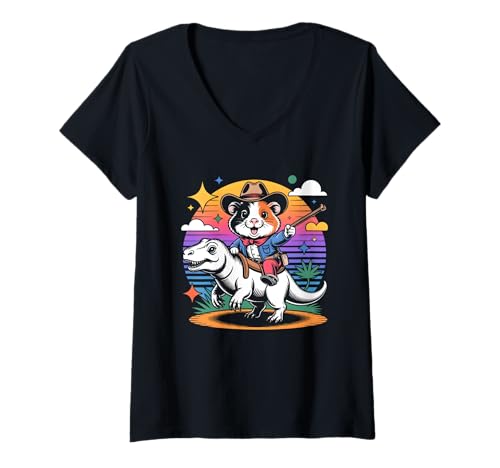 Damen Meerschweinchen Cowboy Dinosaurier Retro Vintage Accessoires T-Shirt mit V-Ausschnitt Damen Meerschweinchen Cowboy Dinosaurier Retro Vintage Accessoires T-Shirt mit V-Ausschnitt von Meerschweinchen Käfig Design Jungen Mädchen Kinder