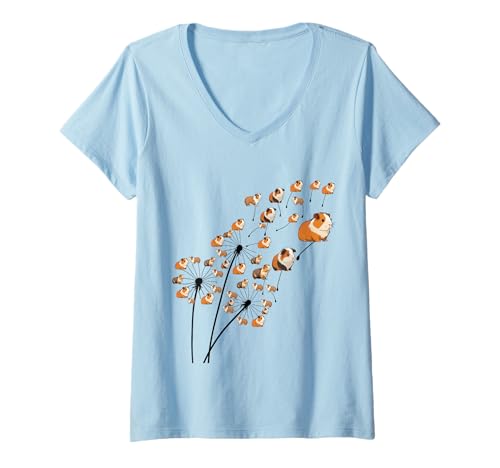 Damen Löwenzahn-Meerschweinchen-Blume, floraler T-Shirt mit V-Ausschnitt Damen Löwenzahn-Meerschweinchen-Blume, floraler T-Shirt mit V-Ausschnitt von Meerschweinchen-Mama-Messy-Bun-T-Shirt
