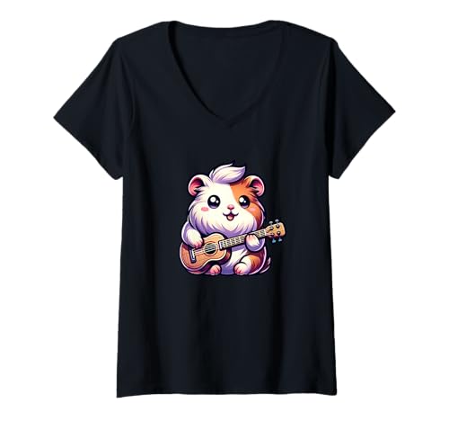 Damen Meerschweinchen Mit Gitarre Niedlich Kawaii Musik Tier T-Shirt mit V-Ausschnitt Damen Meerschweinchen Mit Gitarre Niedlich Kawaii Musik Tier T-Shirt mit V-Ausschnitt von Meerschweinchen Musik Gitarre Niedlich Kawaii