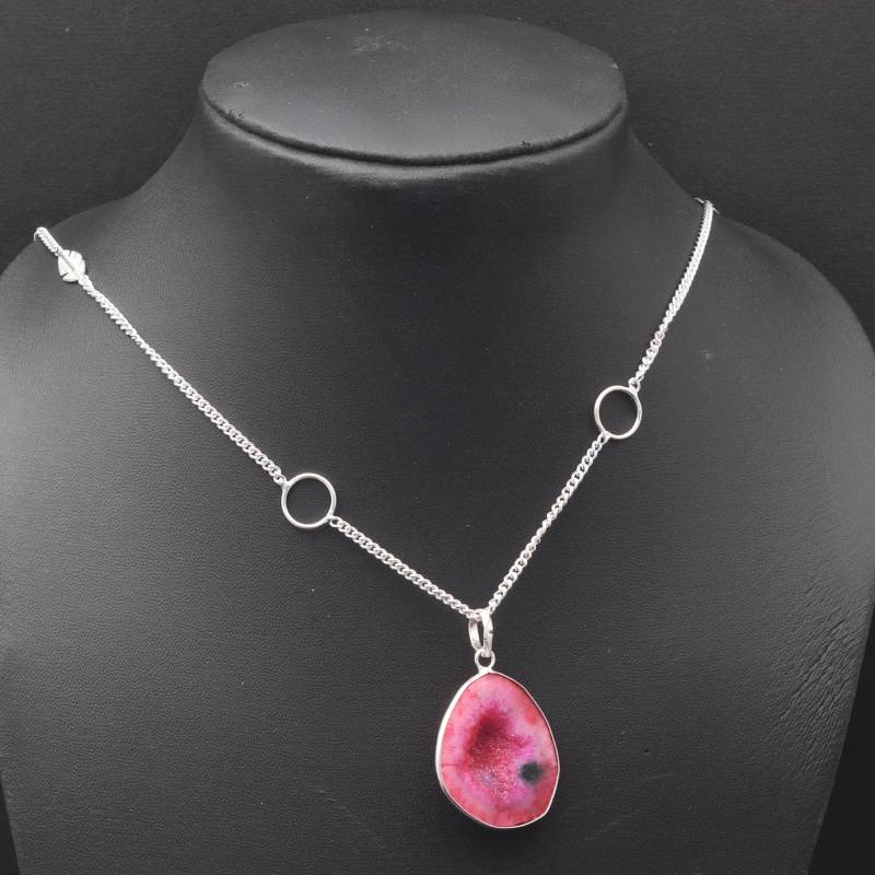 Natürliche Achat Geode Scheibe Druzy Edelstein Handgemachte Sterling Silber Überzogene Anhänger + Kette Halskette Versilbertms701 von MeeshacreationsIN