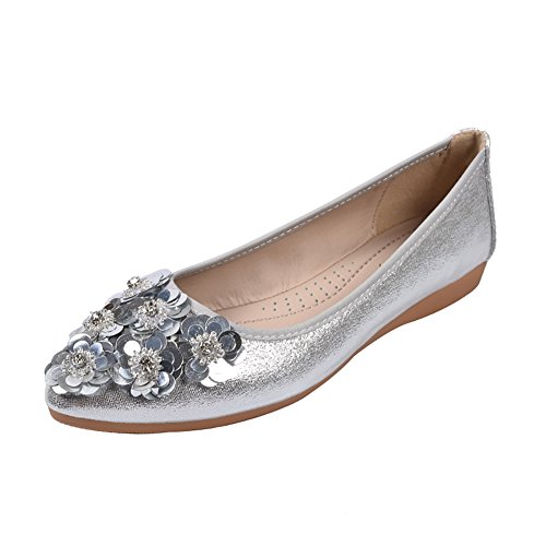 Meeshine Damen-Ballerinas, faltbar, weich, spitzer Zehenbereich, Strass, bequem, Slipper, flache Schuhe, Silber (Silber 02), 39 EU von Meeshine