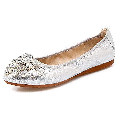 Meeshine Damen Faltbares Weicher Spitzschuh Ballerinen Strass Komfort Slip On Flache Schuhe 8.5 B(M) US Silber 01 von Meeshine