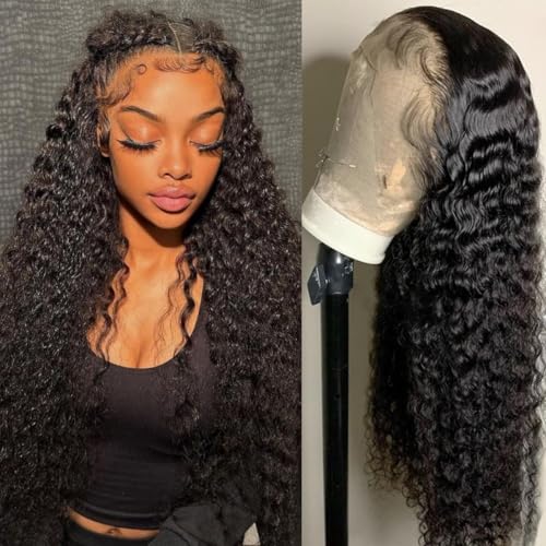 13x6 Water Wave Lace Front Wigs Human Hair HD Transparent Lace Frontal Wig for Women Brazilian Deep Curly Glueless Wig Pre Plucked with Baby Hair Natural Black 20 Inch von Meet Naive