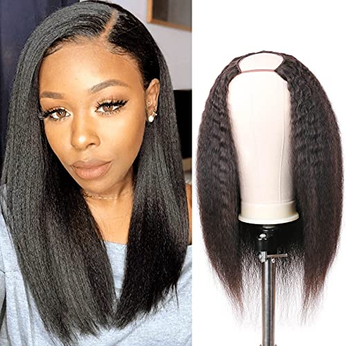U Part Wig Human Hair Yaki Straight Wigs For Women 2x4 U Shape Kinky Traight Glueless Wig 18 inch Natural Black von Meet Naive