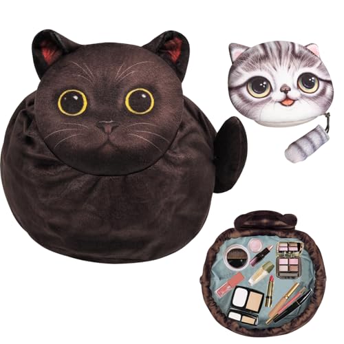 Meet You Kosmetiktasche Schminktasche 2er-Set – Großes Make Up Tasche + Kleines Täschchen – Weiche Katzenmotiv Kosmetiktasche für Damen & Mädchen – Perfekt für Reisen & Alltag Geschenk Katzenliebhaber von Meet You