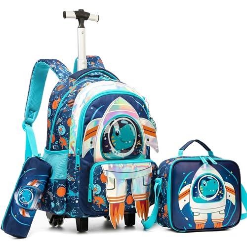 Meetbelify Kinder-Rollrucksack mit Rollen für elementare Mädchen, Jungen, Reisegepäck, Handgepäck-Rucksack, 02 Blue von Meetbelify