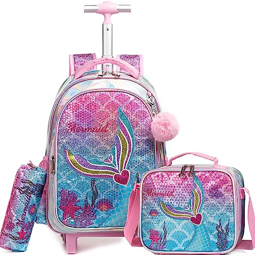 Meetbelify Meerjungfrauen-Rucksack mit Rollen für Mädchen, Rollrucksack für Grundschüler, Kinder, Schultasche mit Rollen, Reisegepäck für Mädchen im Alter von 6–8 Jahren, Meerjungfrau Rose Love, von Meetbelify