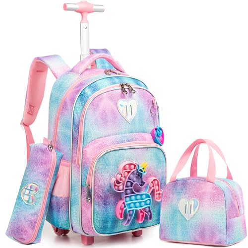 Meetbelify Rolling Backpack für Mädchen Einhorn Rucksäcke mit Rädern für Grundschulkinder Tie Dye Cute Suitcase Set Travel Laptop Gepäck für Mädchen Alter 6-8 von Meetbelify