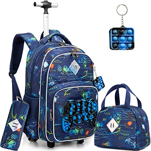 Meetbelify Rolling Rucksack für Jungen mit Lunch Box Set Blau Rucksack mit Rädern Kinder Reisekoffer Laptop Gepäck für Jungen Alter 6-8 von Meetbelify