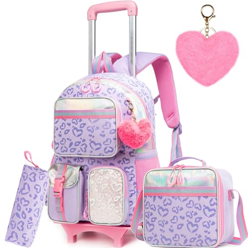 Meetbelify Rucksack mit Rädern für Mädchen Rollender Rucksack Niedlicher kawaii Handgepäck Rucksack mit Brotdose für Grundschüler Teenager Mädchen Gepäck Reisekoffer Mädchen 8-10 Lila Liebe von Meetbelify
