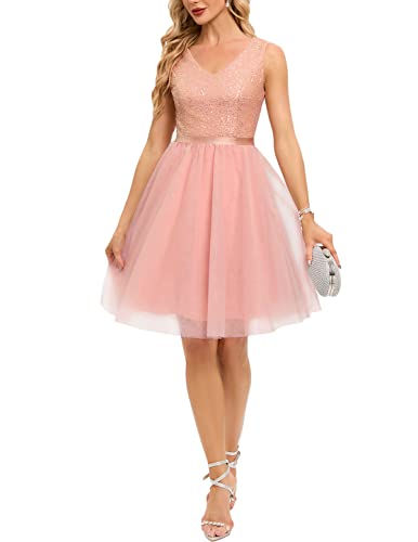 Meerjen Paillettenkleid Kurz Damen Tüll Cocktailkleid V-Ausschnitt Partykleid A-Linie Festlich Kleid für Hochzeitsgaste Ärmellos Blush L von Meetjen