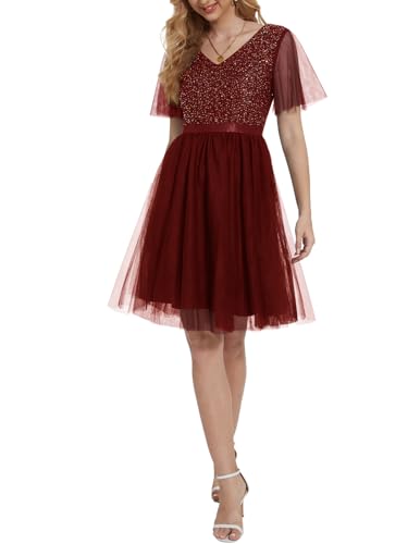 Meetjen Abendkleid Kurz Cocktailkleid Tüll Kleid V-Ausschnitt Festliches Kleid Damen Pailletten Abiballkleider mit Ärmel Weinrot 2XL von Meetjen