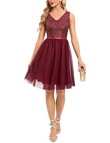Meetjen Ballkleider Kurz Damen Abendkleider Tüll Paillettenkleid V-Ausschnitt Cocktailkleid A Linie Festliches Kleid Burgunderrot M von Meetjen