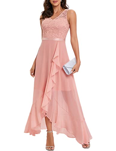 Meetjen Hochzeitskleider für Gäste Brautjungfer Kleid Damen Lang Cocktailkleid Elegant Vokuhila Spitzenkleid Ärmellos Abendkleid Chiffon Blush 2XL von Meetjen