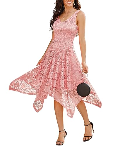Meetjen Cocktailkleid Damen Elegant für Hochzeit Abendkleid Jugendweihe Kleid Ärmellos Spitzen Partykleid Blush S von Meetjen