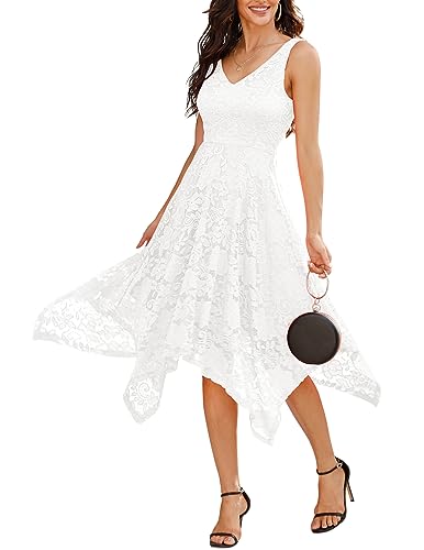 Meetjen Cocktailkleid Damen mit Asymmetrischem Saum A Linie Ärmellos Abendkleid Elegant für Hochzeit Weiß 2XL von Meetjen