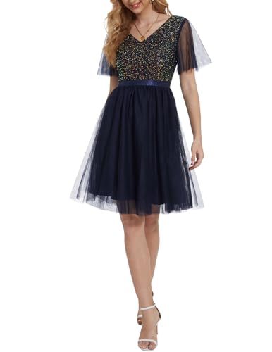 Meetjen Cocktailkleid Kurz Paillettenkleid Tüll Abendkleider A-Linie Kurzarm Brautjungfernkleid Elegant für Hochzeit Party Marineblau 2XL von Meetjen