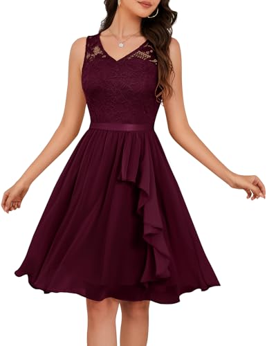Meetjen Cocktailkleider Elegant für Hochzeitgast V-Ausschnitt Kurz Chiffon Spitzenkleid Abiballkleid Ärmelloses Burgunderrot L von Meetjen