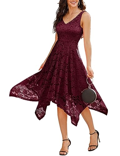 Meetjen Damen Festliche V-Ausschnitt Cocktailkleid Elegante Abendkleid A-Linie Kleid mit Spitze Hochzeit Gast Brautjungfernkleid Burgundy XL von Meetjen