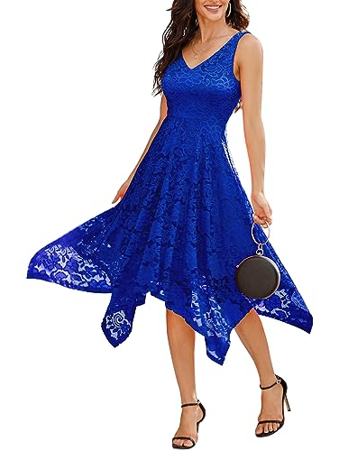 Meetjen Damen Ärmellos Cocktailkleid Brautjungfernkleid Jugendweihe Spitzen Kleid Festliches V-Ausschnitt Royal Blue L von Meetjen