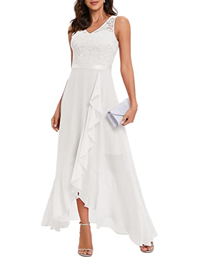 Meetjen Damen Abendkleid Elegant Vokuhila Cocktailkleid Lang Brautjunferkleid Chiffon Spitzen Kleid für Hochzeit Party Weiß White S von Meetjen