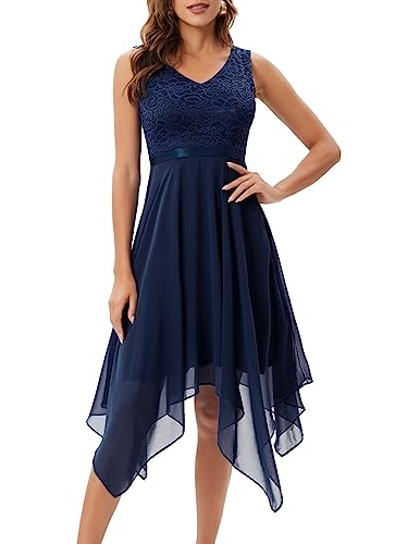 Meetjen Damen Abendkleider Elegant für Hochzeit V-Ausschnitt Cocktailkleid Ärmellos Midikleid Partykleid Marineblau S von Meetjen